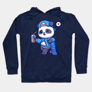 Cute Panda Drink Boba Milk Tea With Skateboard Cartoon Hoodie